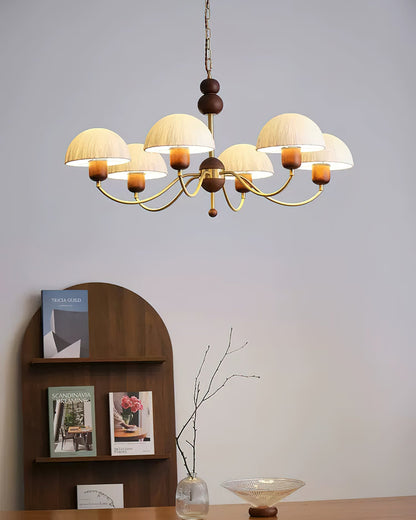 Manon Chandelier, Wooden Beads with Curved Metal Arms and Soft Shades