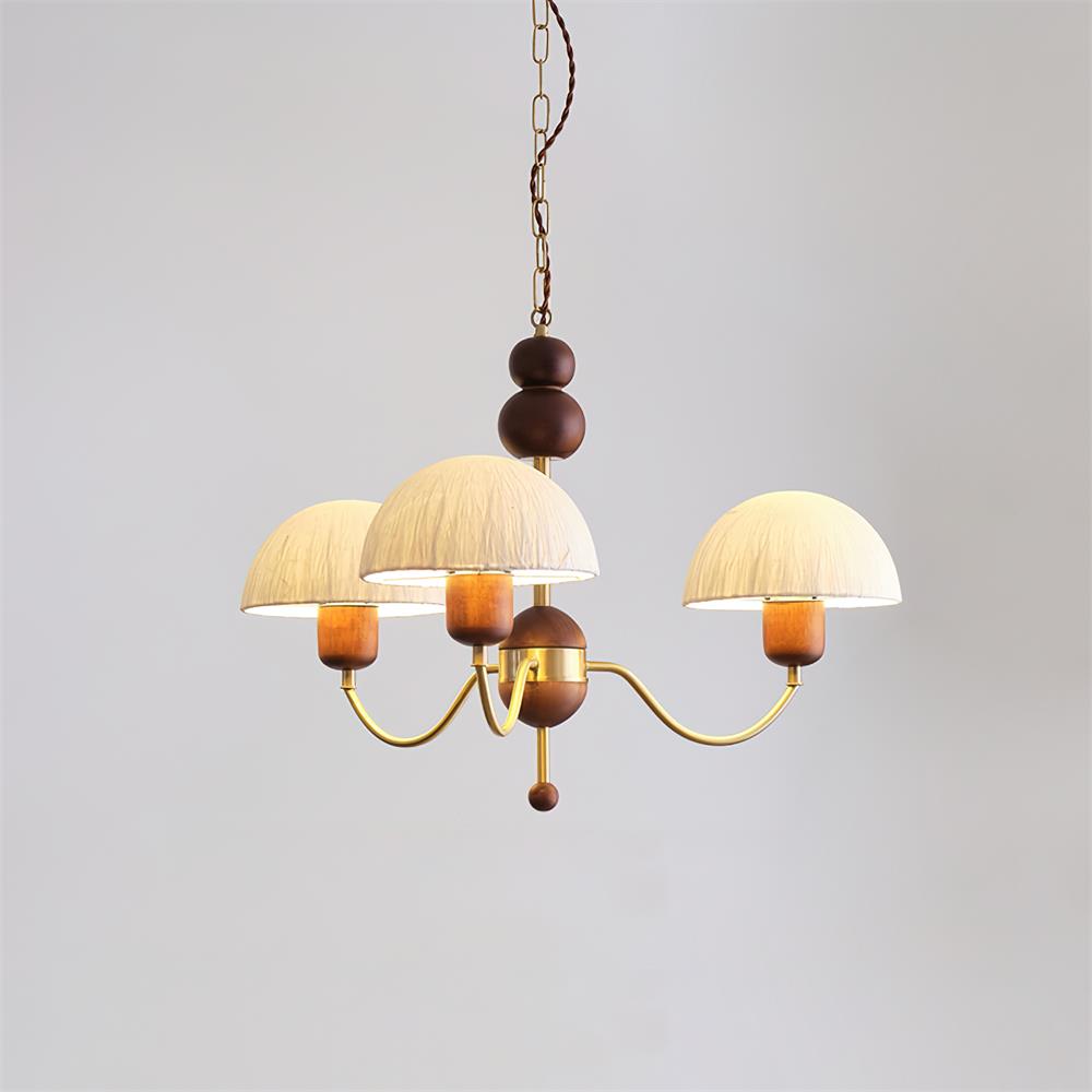 Manon Chandelier, Wooden Beads with Curved Metal Arms and Soft Shades