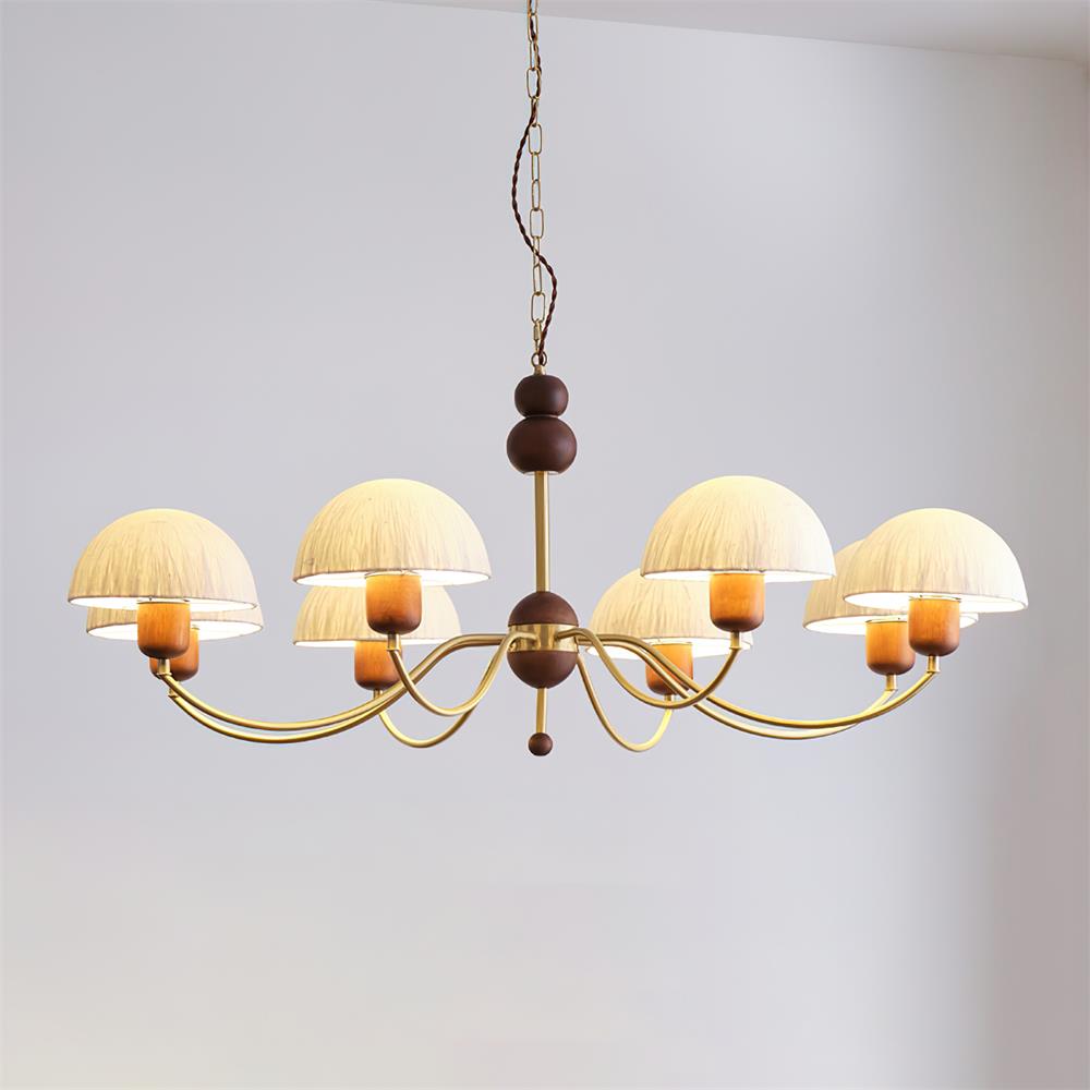 Manon Chandelier, Wooden Beads with Curved Metal Arms and Soft Shades