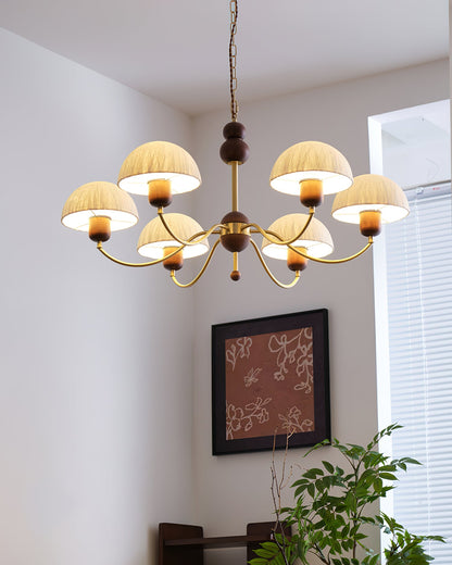 Manon Chandelier, Wooden Beads with Curved Metal Arms and Soft Shades