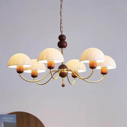 Manon Chandelier, Wooden Beads with Curved Metal Arms and Soft Shades