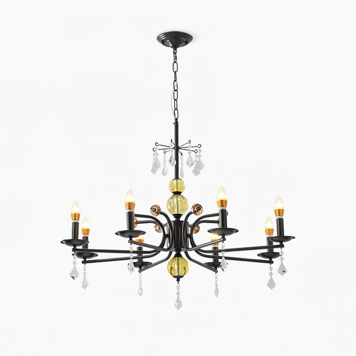 Camille Chandelier, Vintage Black Metal with Gold Accents and Crystal Detail