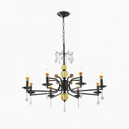 Camille Chandelier, Vintage Black Metal with Gold Accents and Crystal Detail