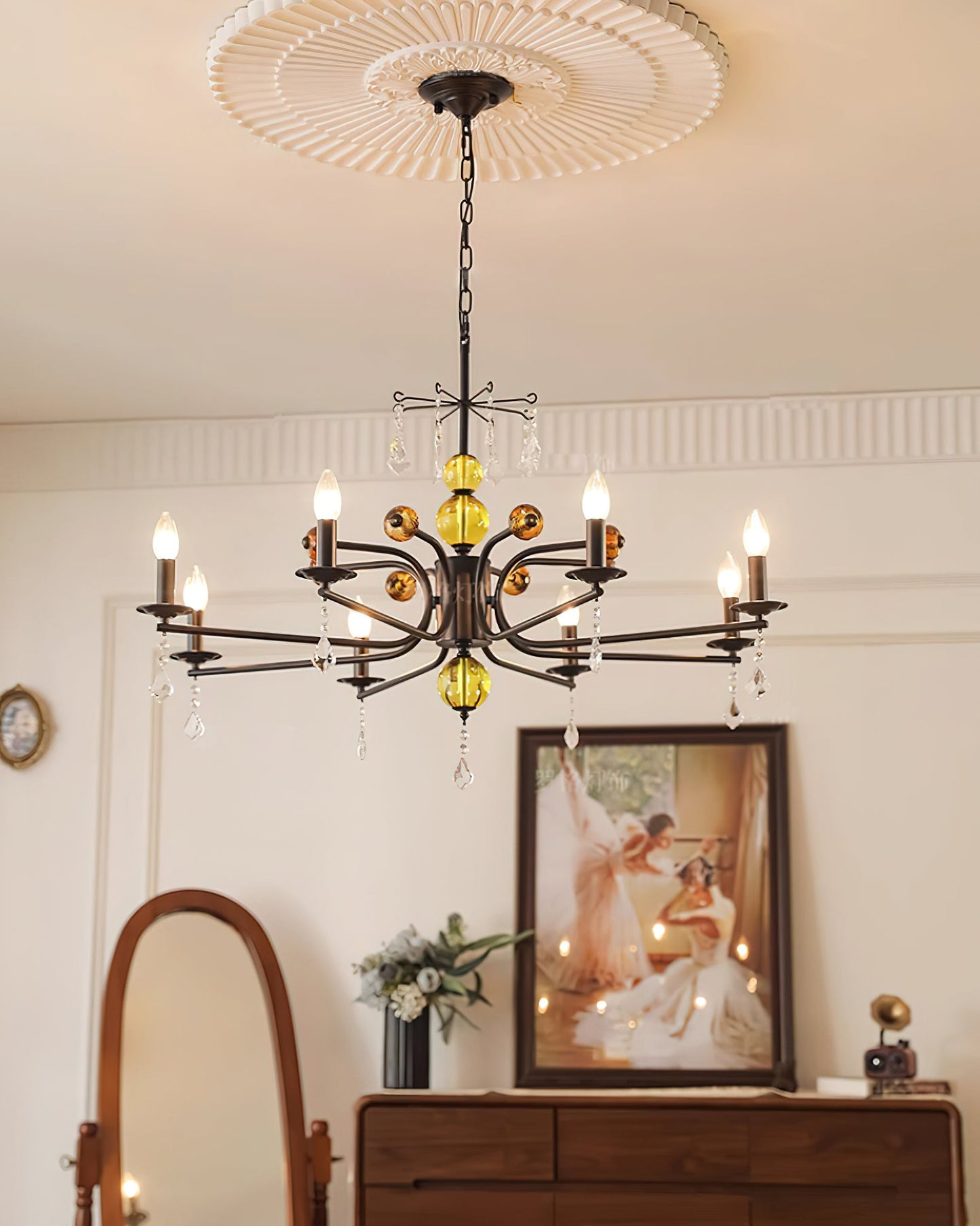 Camille Chandelier, Vintage Black Metal with Gold Accents and Crystal Detail