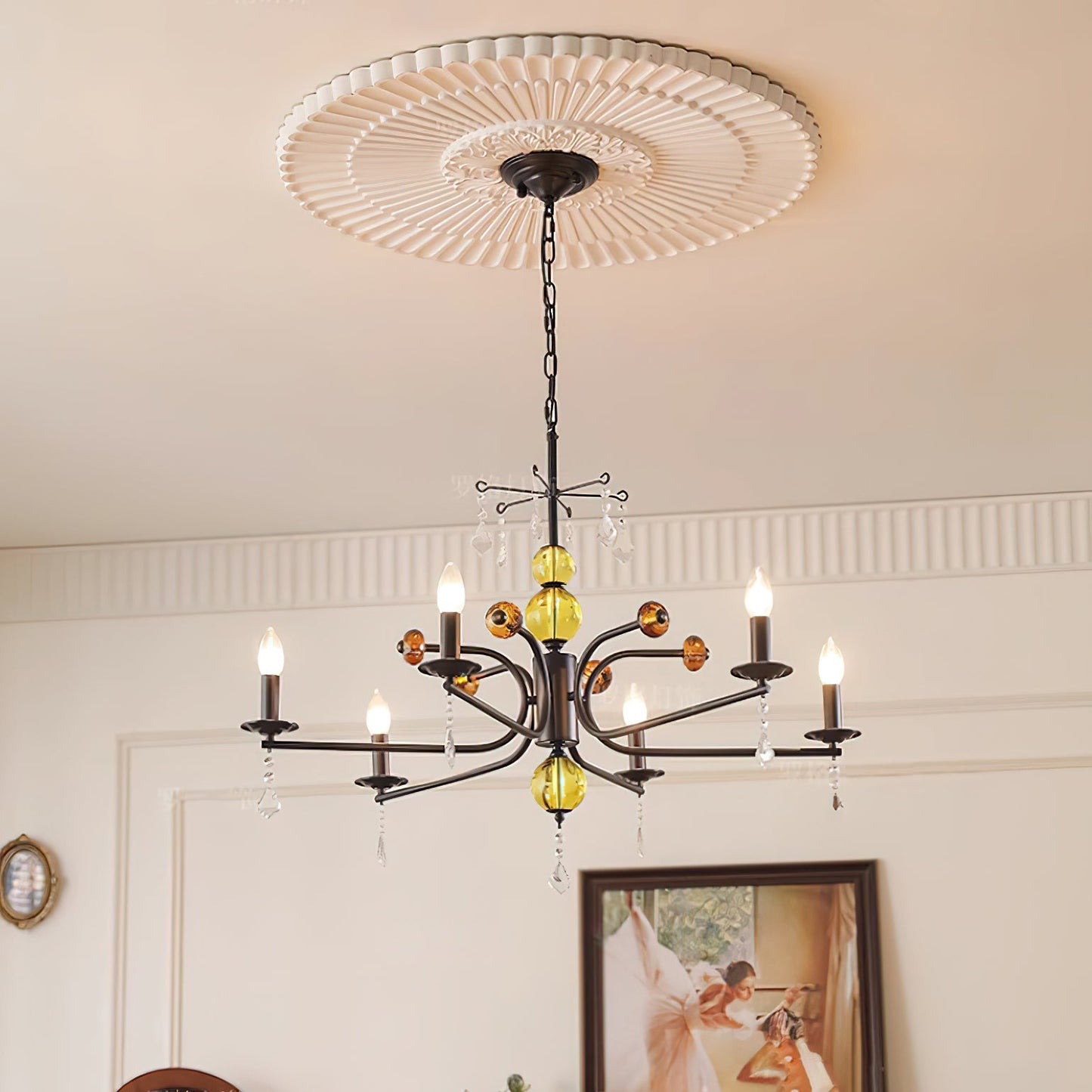 Camille Chandelier, Vintage Black Metal with Gold Accents and Crystal Detail