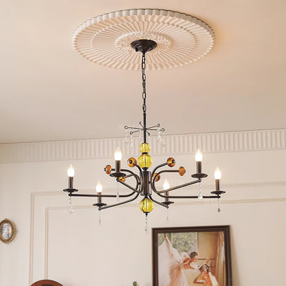 Camille Chandelier, Vintage Black Metal with Gold Accents and Crystal Detail