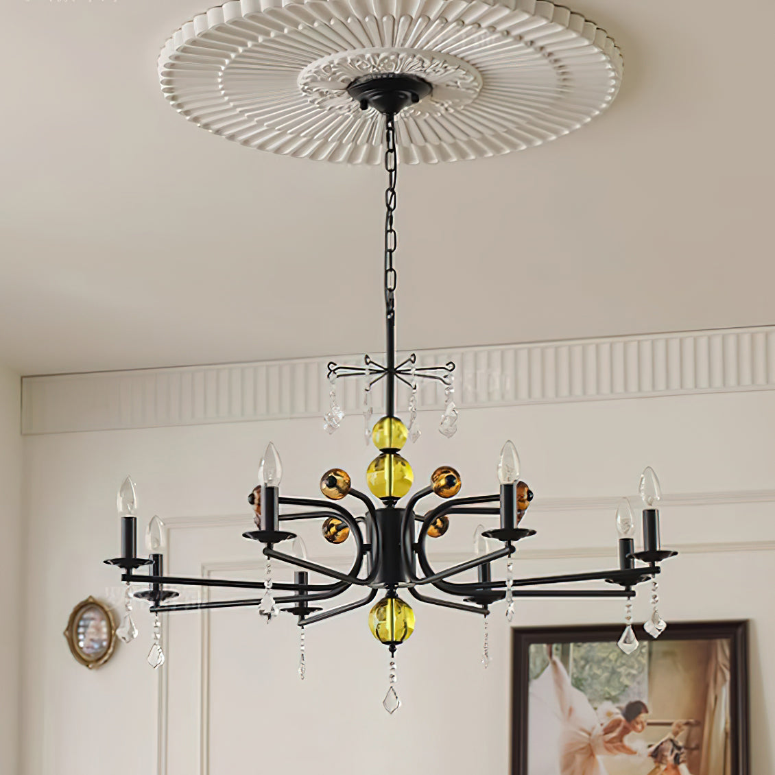 Camille Chandelier, Vintage Black Metal with Gold Accents and Crystal Detail