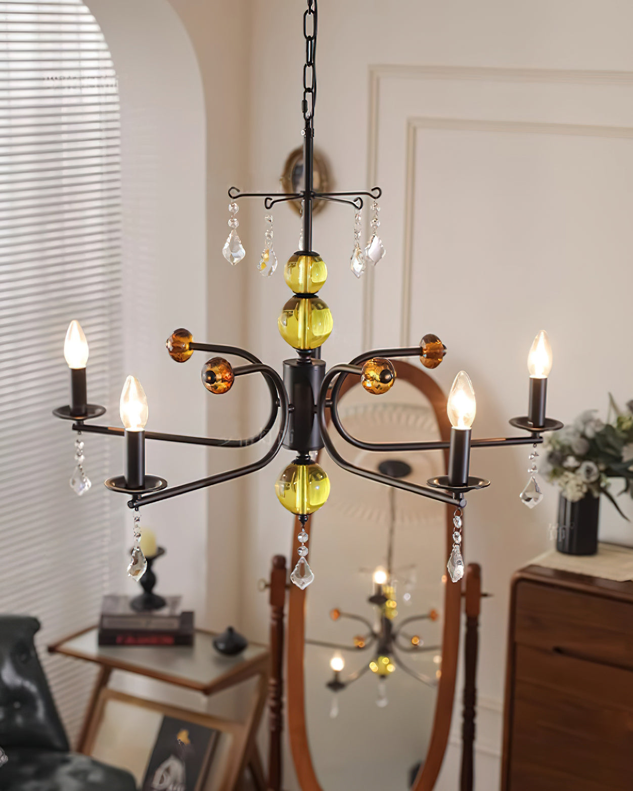 Camille Chandelier, Vintage Black Metal with Gold Accents and Crystal Detail