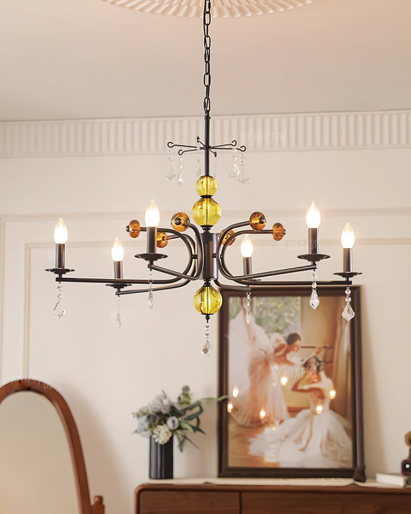Camille Chandelier, Vintage Black Metal with Gold Accents and Crystal Detail