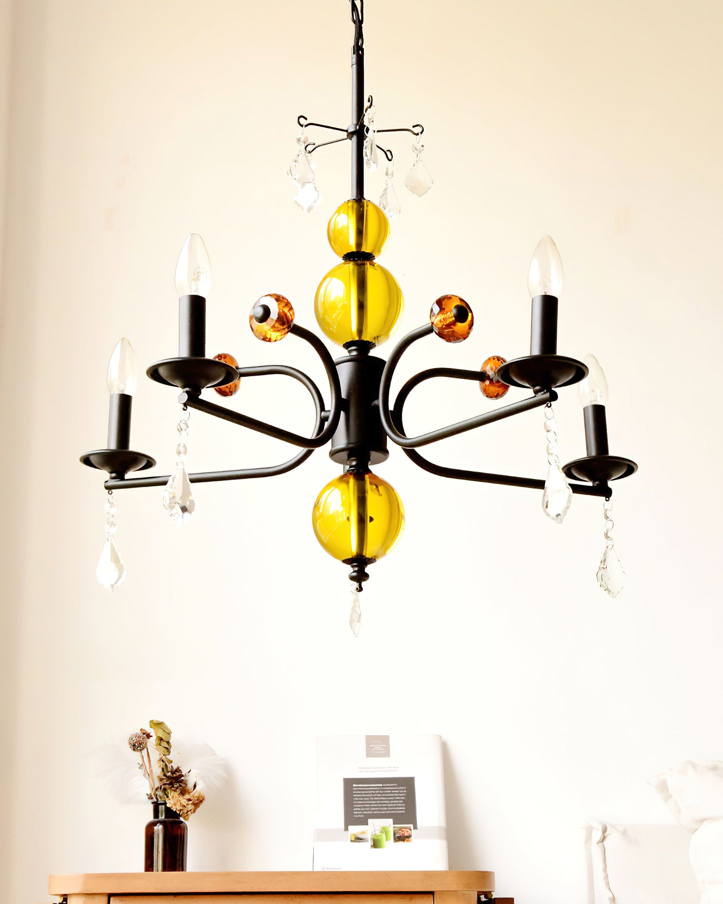 Camille Chandelier, Vintage Black Metal with Gold Accents and Crystal Detail