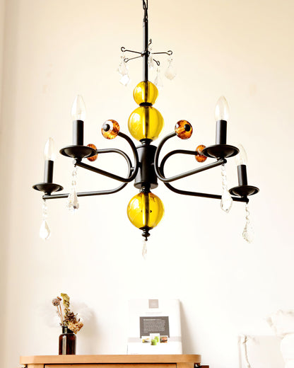 Camille Chandelier, Vintage Black Metal with Gold Accents and Crystal Detail