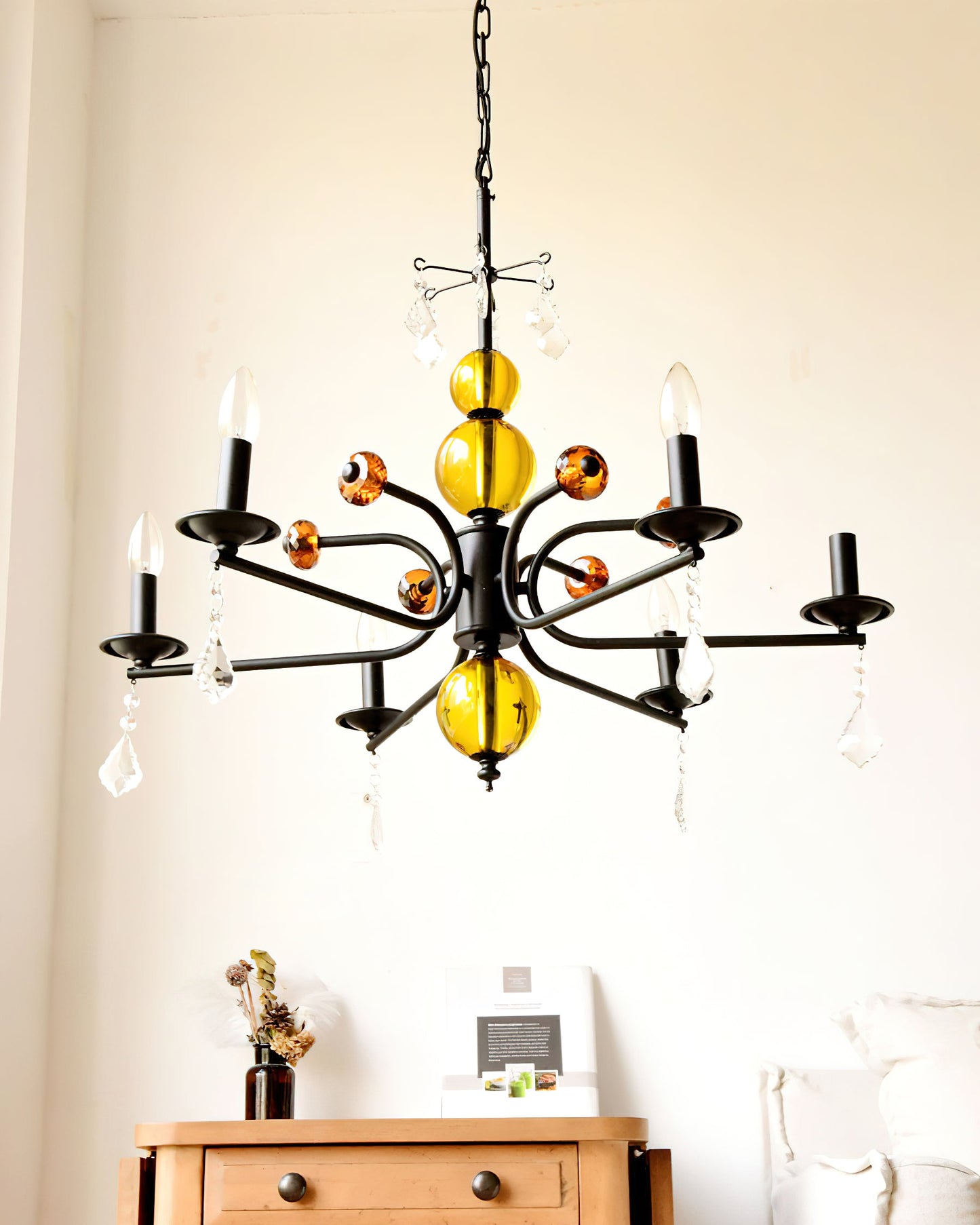 Camille Chandelier, Vintage Black Metal with Gold Accents and Crystal Detail