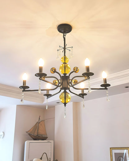 Camille Chandelier, Vintage Black Metal with Gold Accents and Crystal Detail