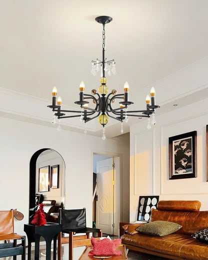 Camille Chandelier, Vintage Black Metal with Gold Accents and Crystal Detail