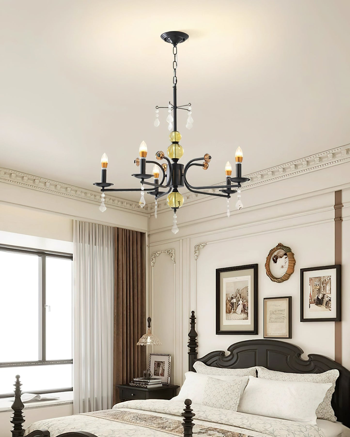 Camille Chandelier, Vintage Black Metal with Gold Accents and Crystal Detail