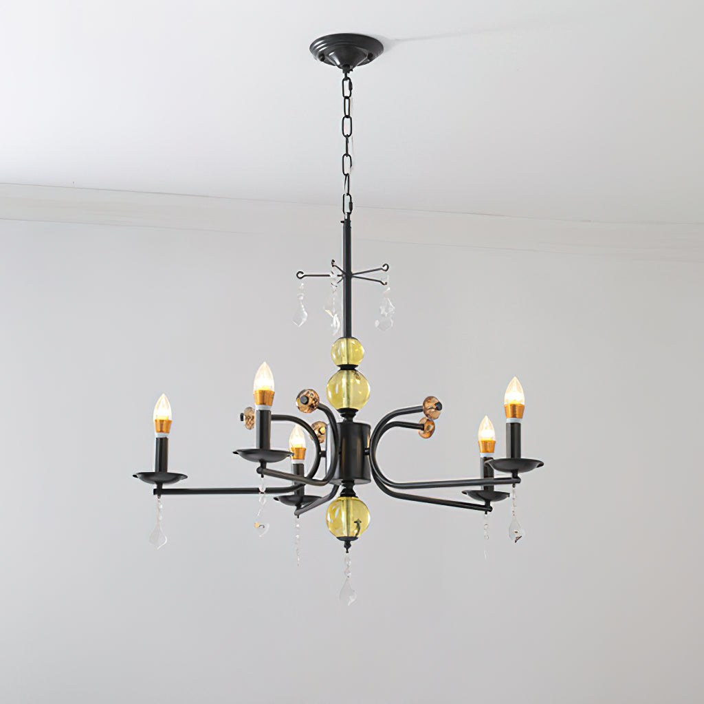 Camille Chandelier, Vintage Black Metal with Gold Accents and Crystal Detail