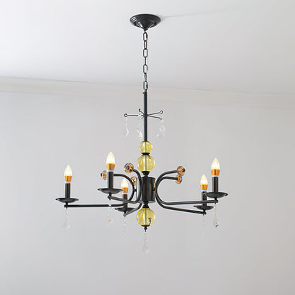 Camille Chandelier, Vintage Black Metal with Gold Accents and Crystal Detail
