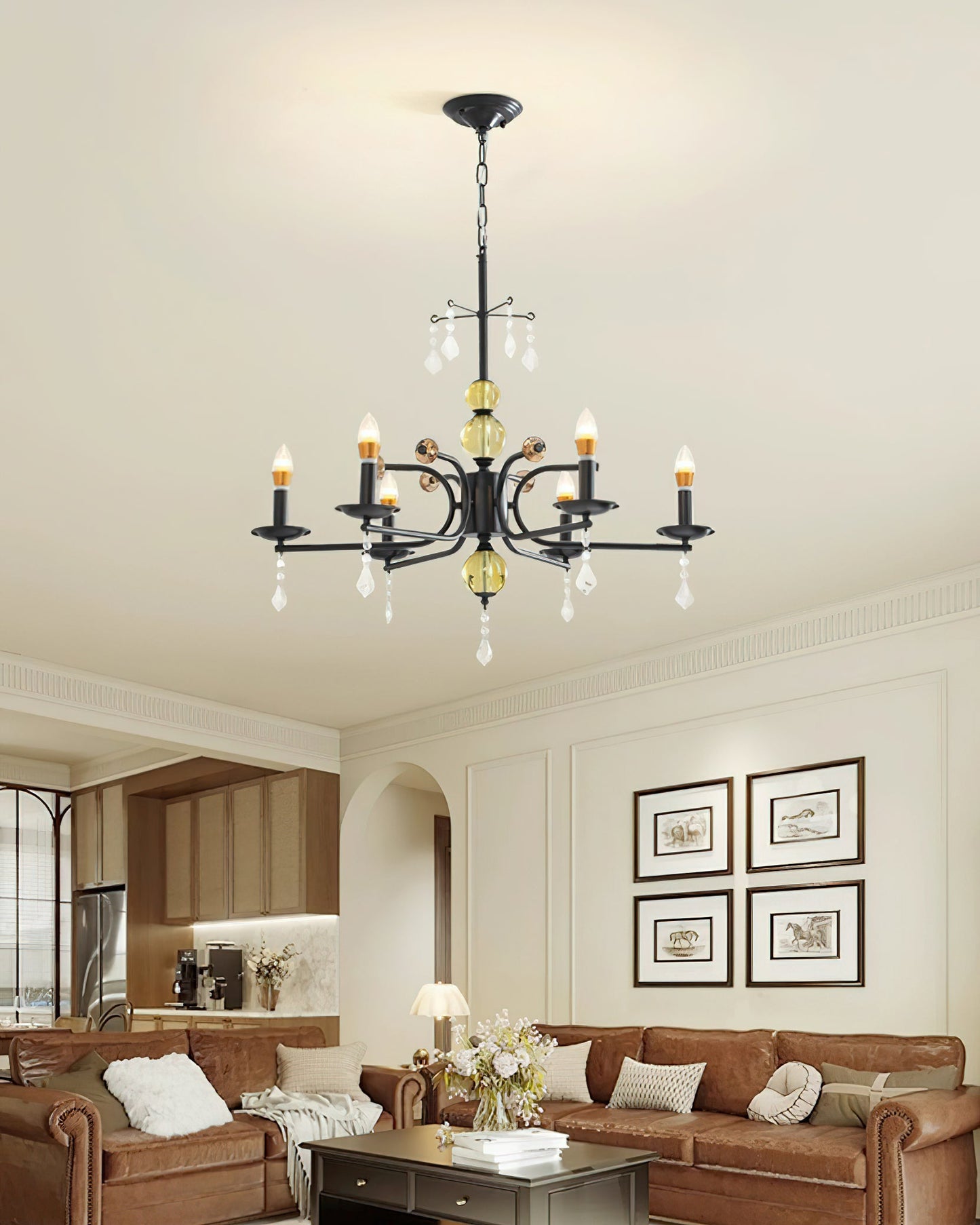 Camille Chandelier, Vintage Black Metal with Gold Accents and Crystal Detail