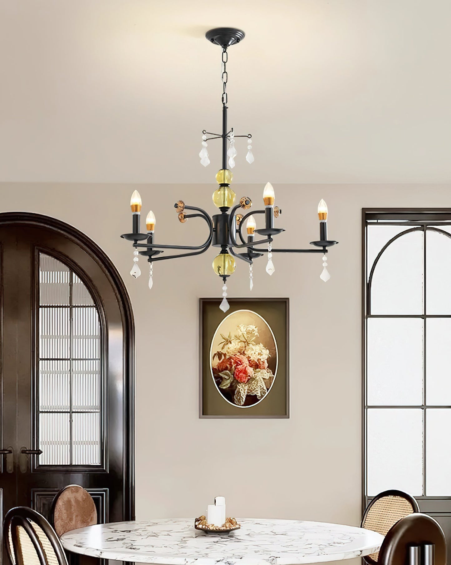 Camille Chandelier, Vintage Black Metal with Gold Accents and Crystal Detail