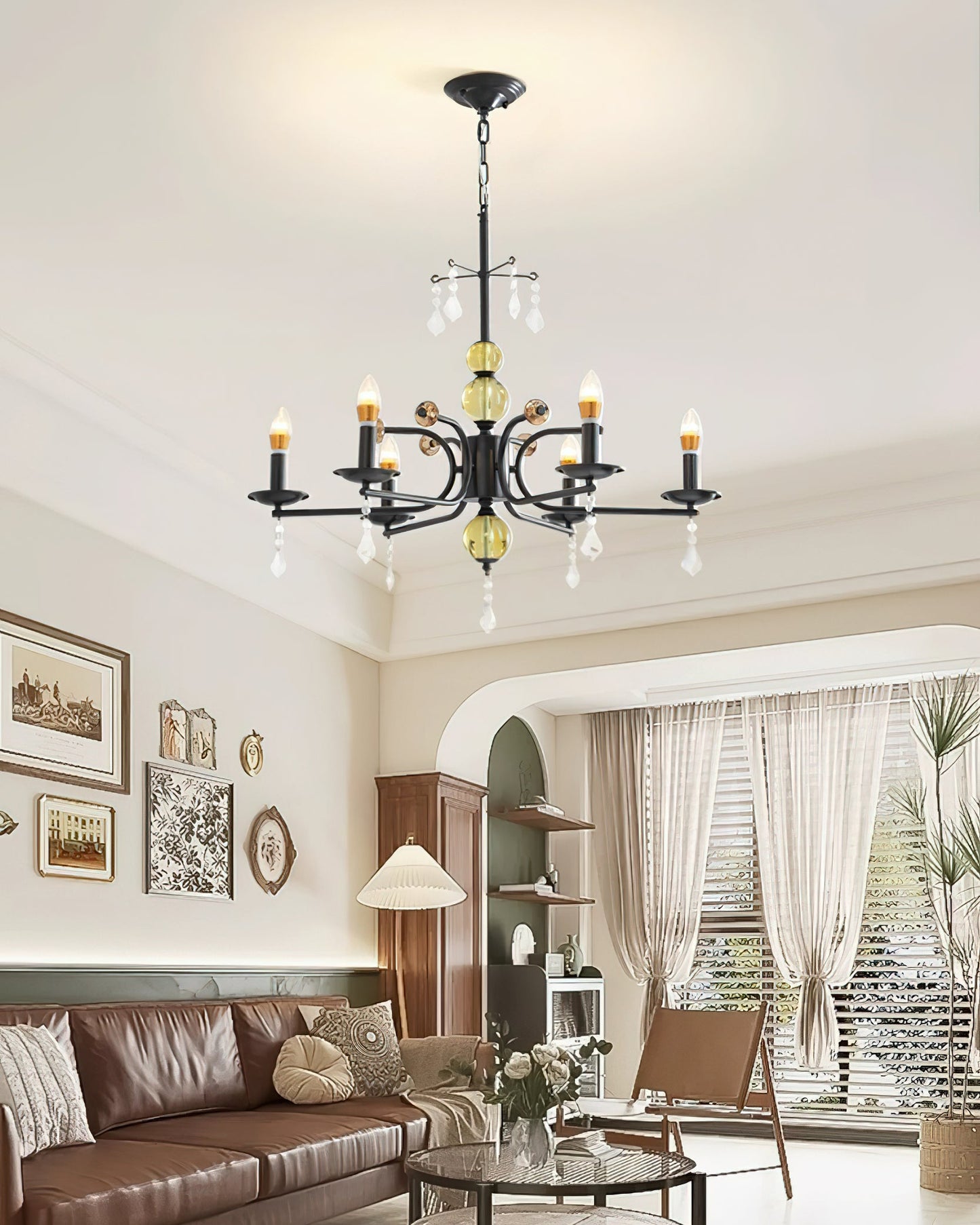 Camille Chandelier, Vintage Black Metal with Gold Accents and Crystal Detail
