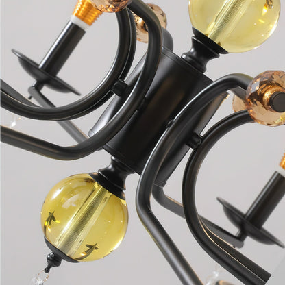 Camille Chandelier, Vintage Black Metal with Gold Accents and Crystal Detail