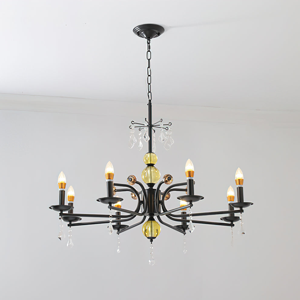 Camille Chandelier, Vintage Black Metal with Gold Accents and Crystal Detail