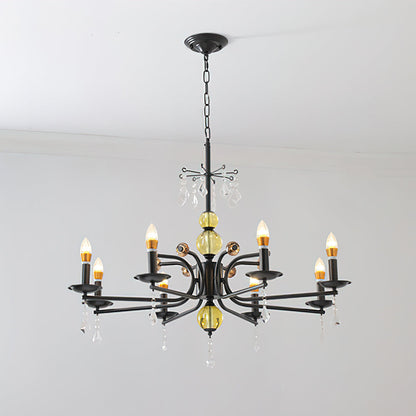 Camille Chandelier, Vintage Black Metal with Gold Accents and Crystal Detail