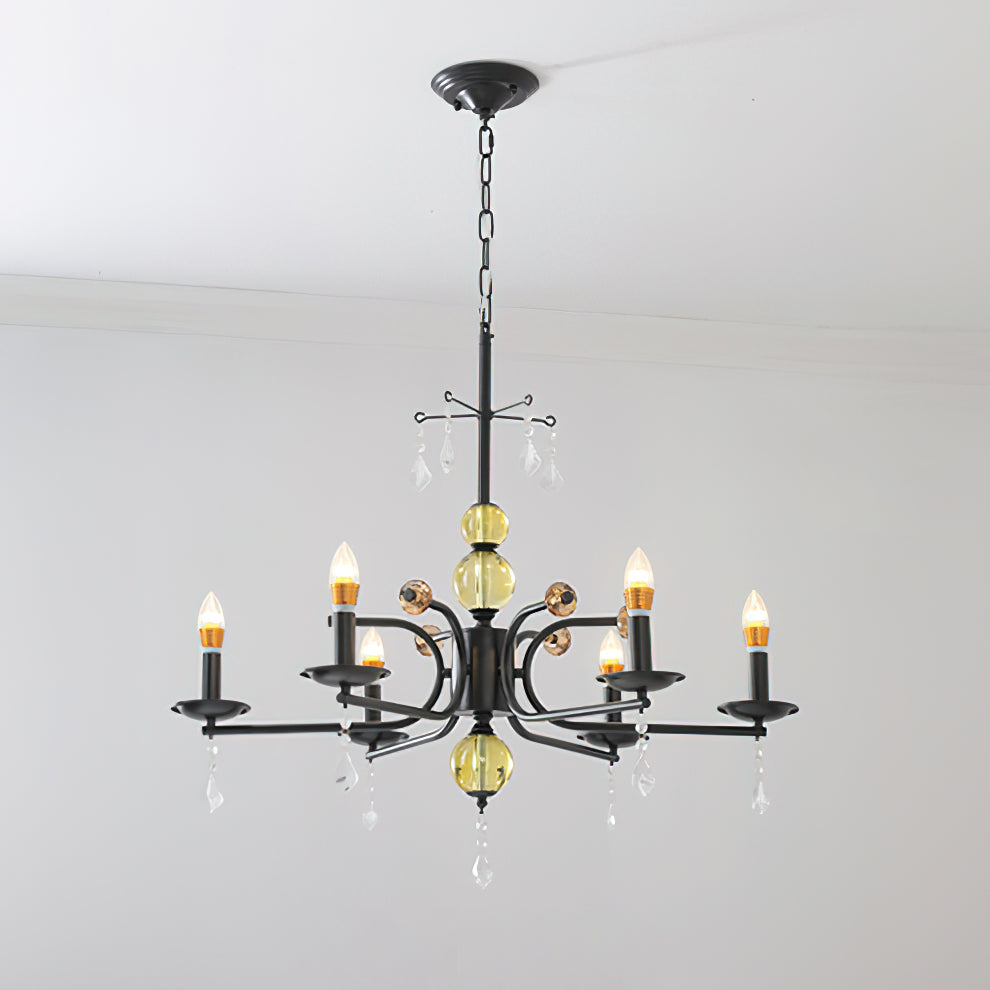 Camille Chandelier, Vintage Black Metal with Gold Accents and Crystal Detail