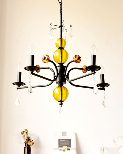 Camille Chandelier, Vintage Black Metal with Gold Accents and Crystal Detail