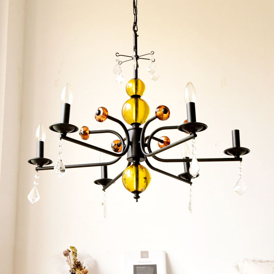 Camille Chandelier, Vintage Black Metal with Gold Accents and Crystal Detail