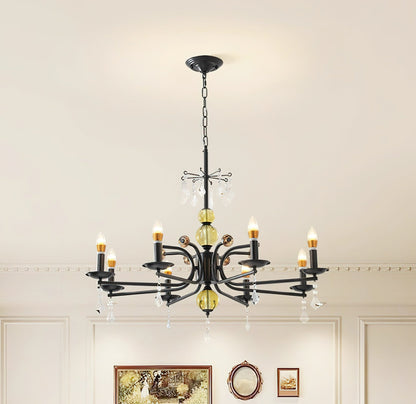 Camille Chandelier, Vintage Black Metal with Gold Accents and Crystal Detail