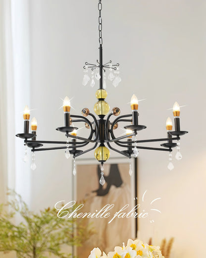 Camille Chandelier, Vintage Black Metal with Gold Accents and Crystal Detail