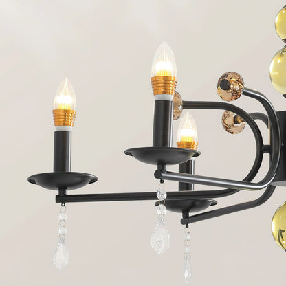 Camille Chandelier, Vintage Black Metal with Gold Accents and Crystal Detail