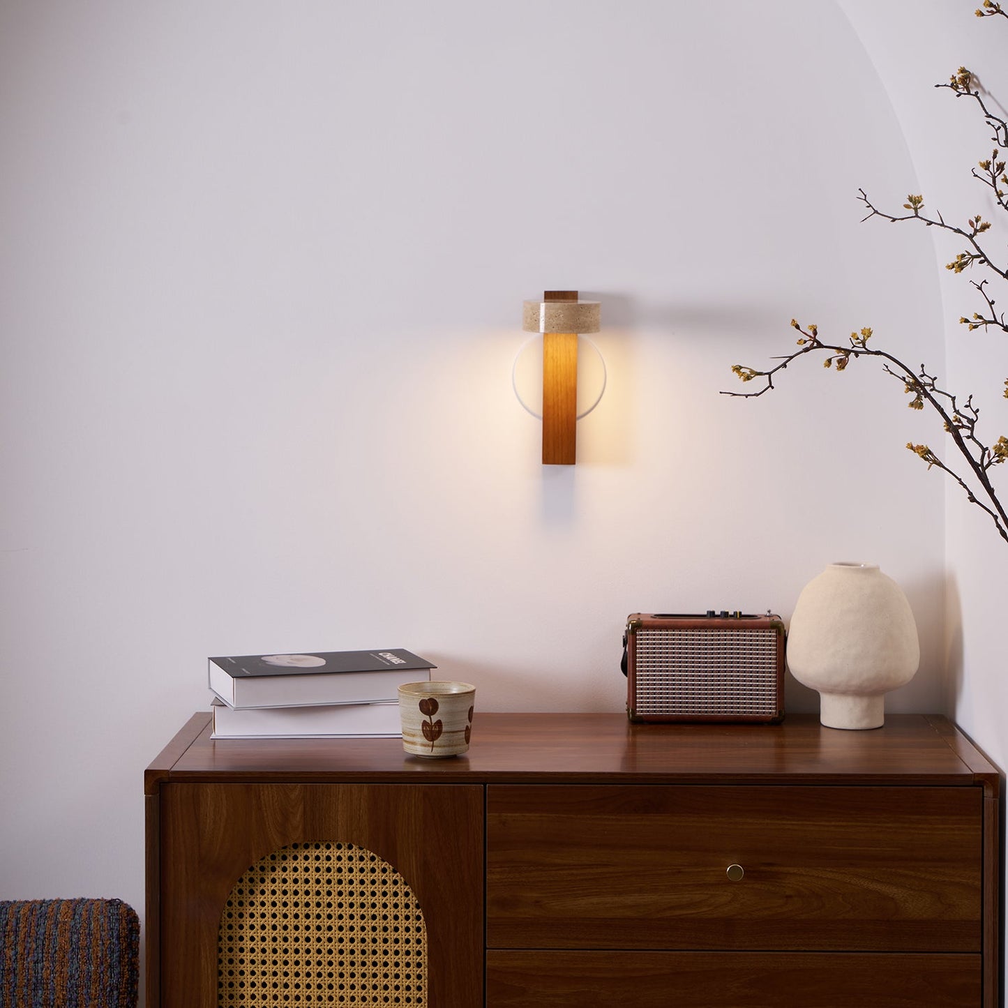 Isabelle Tersus Wall Lamp with Yellow Travertine Shade and Wooden Beam