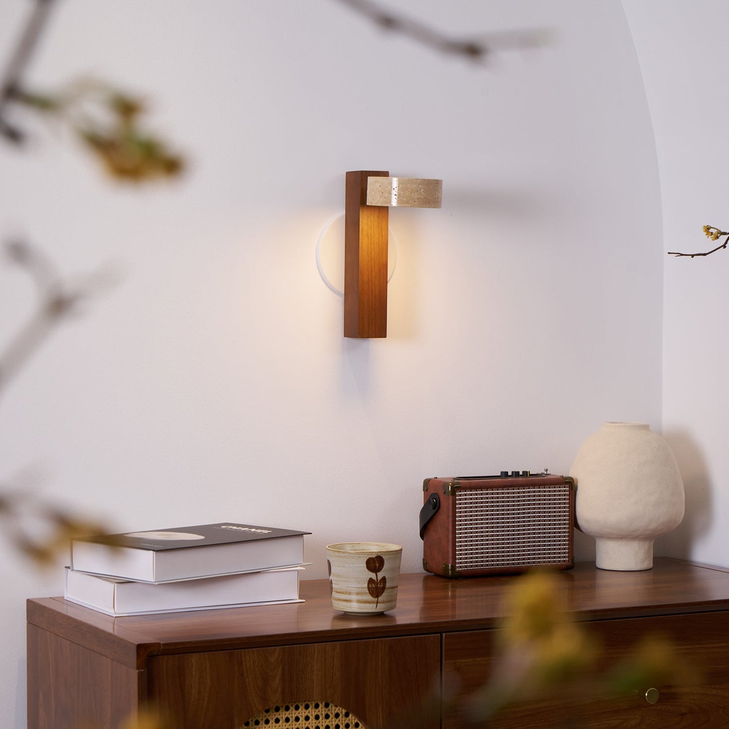 Isabelle Tersus Wall Lamp with Yellow Travertine Shade and Wooden Beam