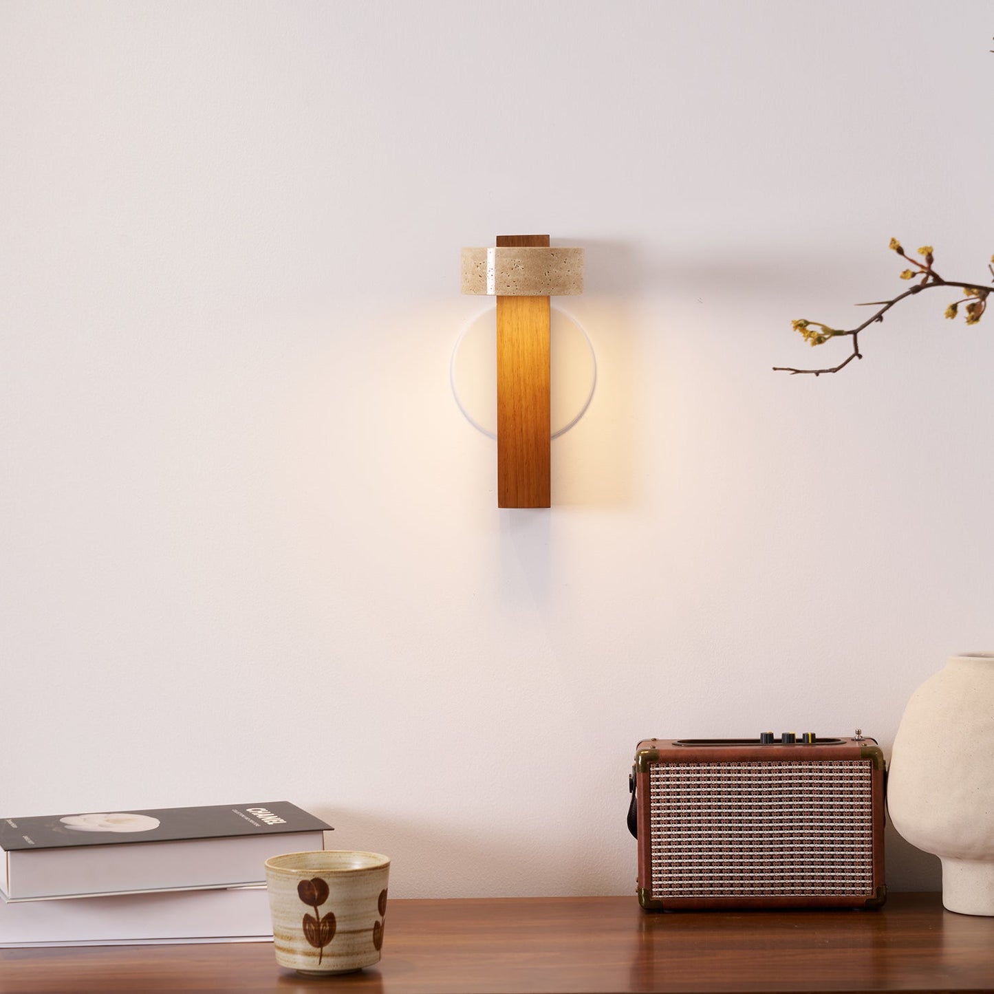 Isabelle Tersus Wall Lamp with Yellow Travertine Shade and Wooden Beam