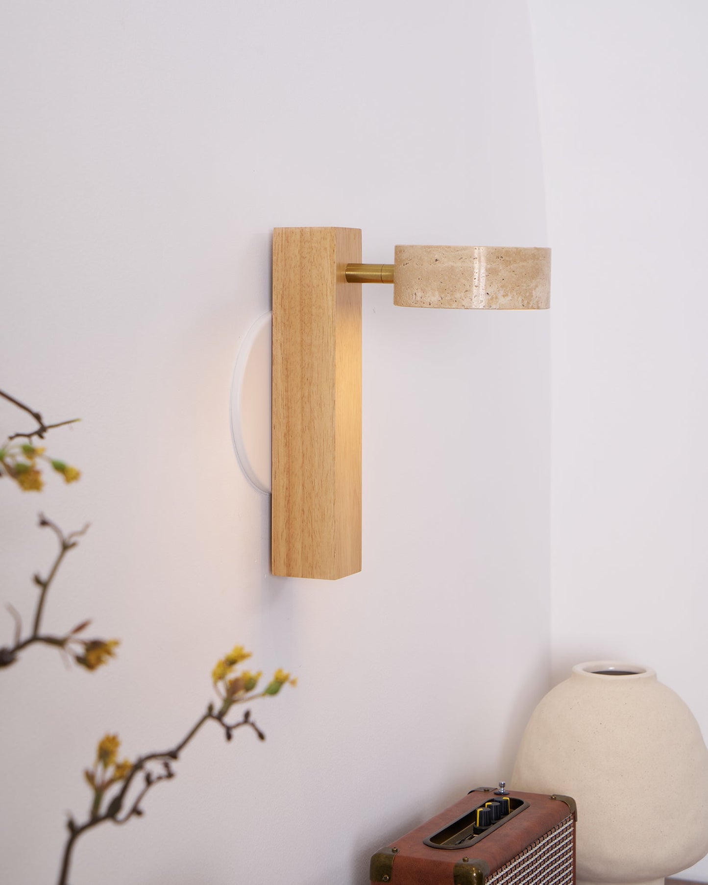 Isabelle Tersus Wall Lamp with Yellow Travertine Shade and Wooden Beam