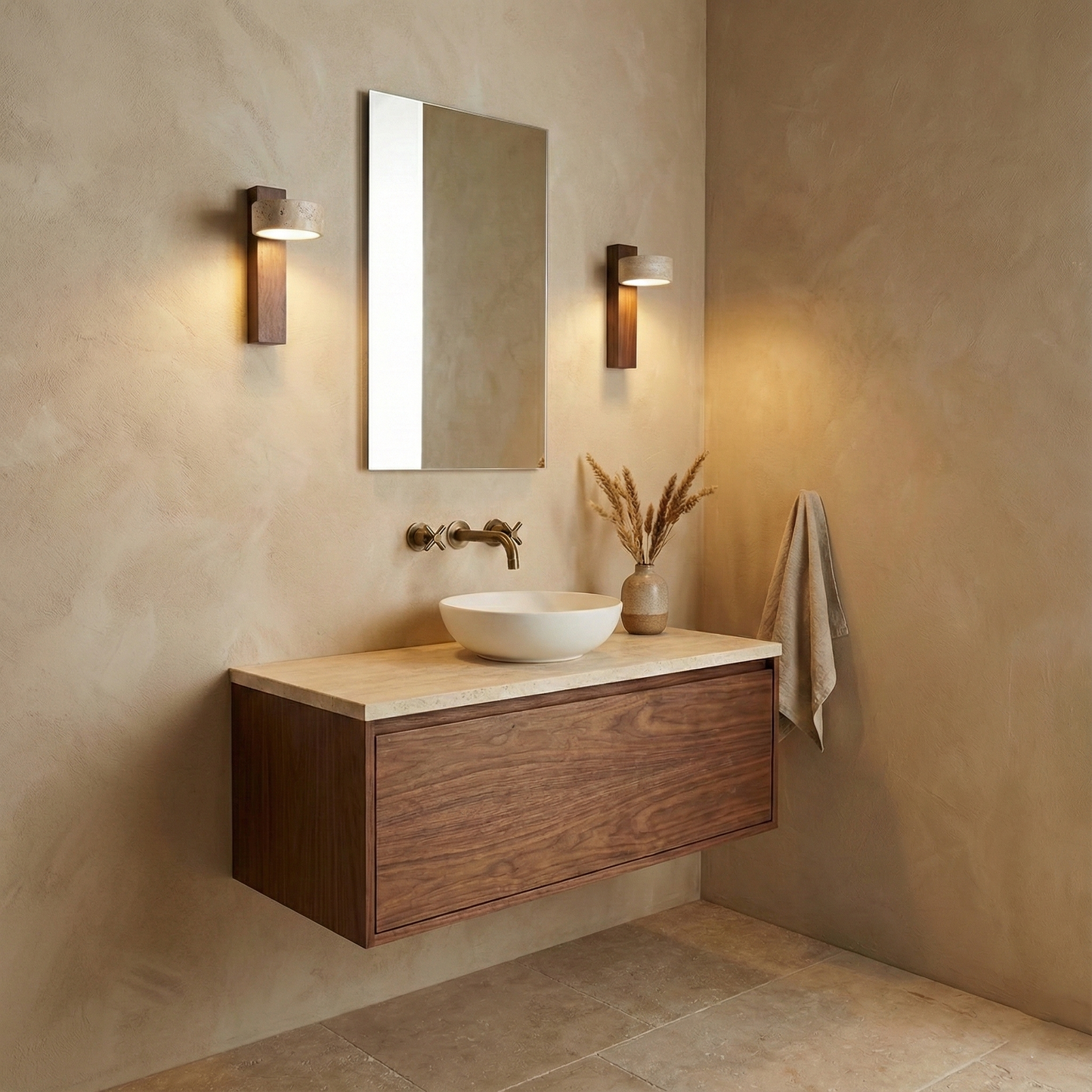 Isabelle Tersus Wall Lamp with Yellow Travertine Shade and Wooden Beam