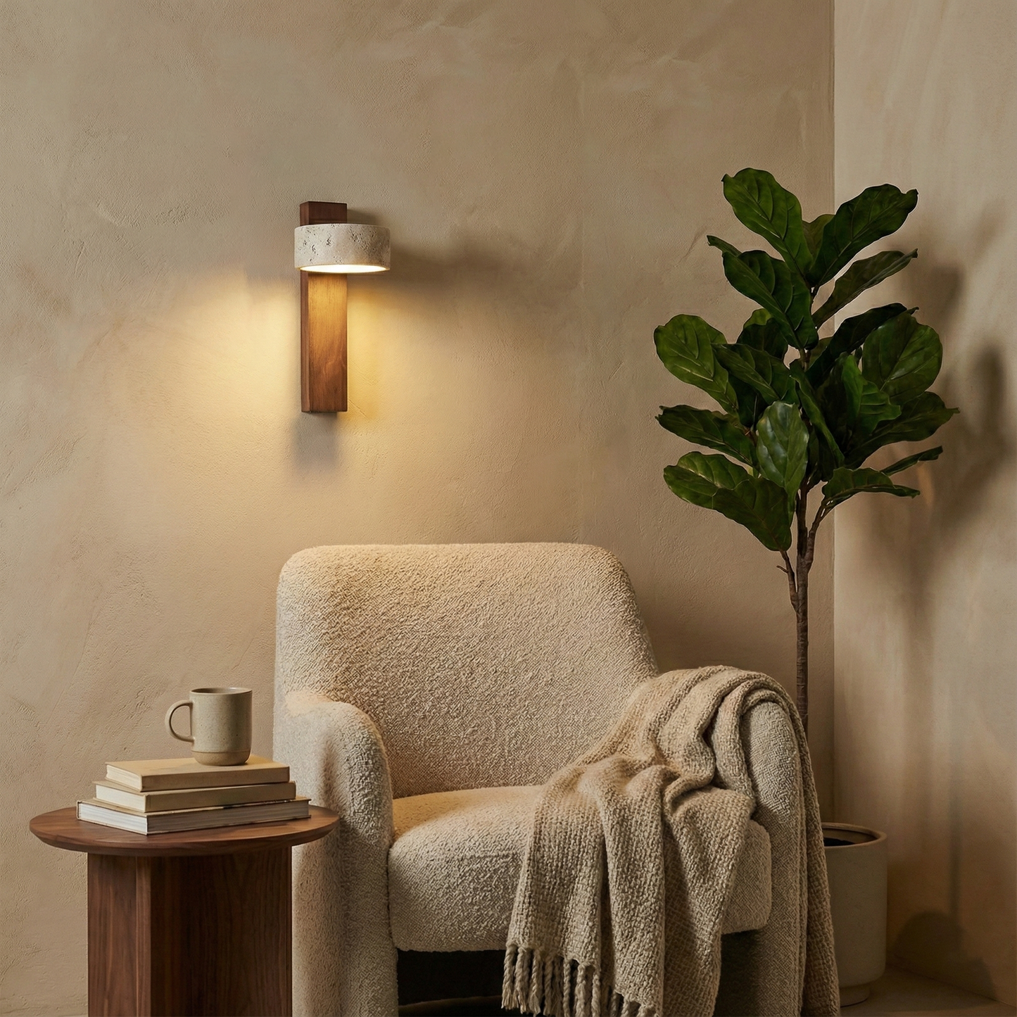 Isabelle Tersus Wall Lamp with Yellow Travertine Shade and Wooden Beam