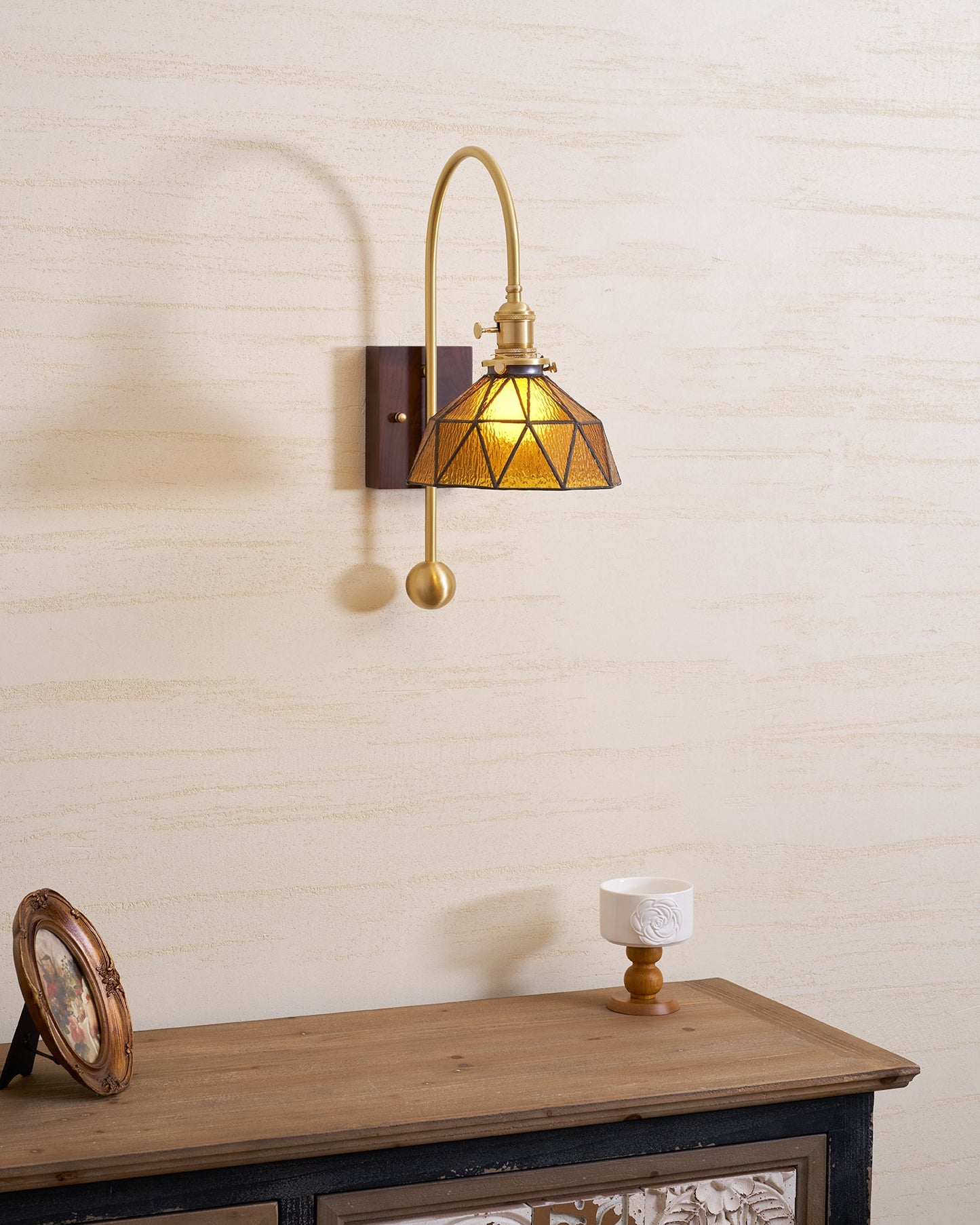 Juliette Tiffany Wall Light Brass Walnut and Glass Lighting