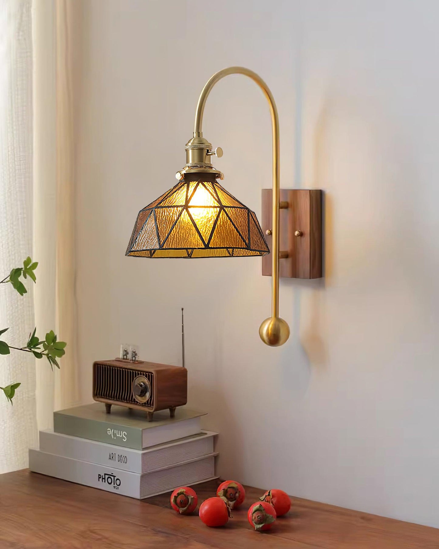 Juliette Tiffany Wall Light Brass Walnut and Glass Lighting