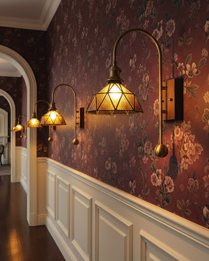 Juliette Tiffany Wall Light Brass Walnut and Glass Lighting