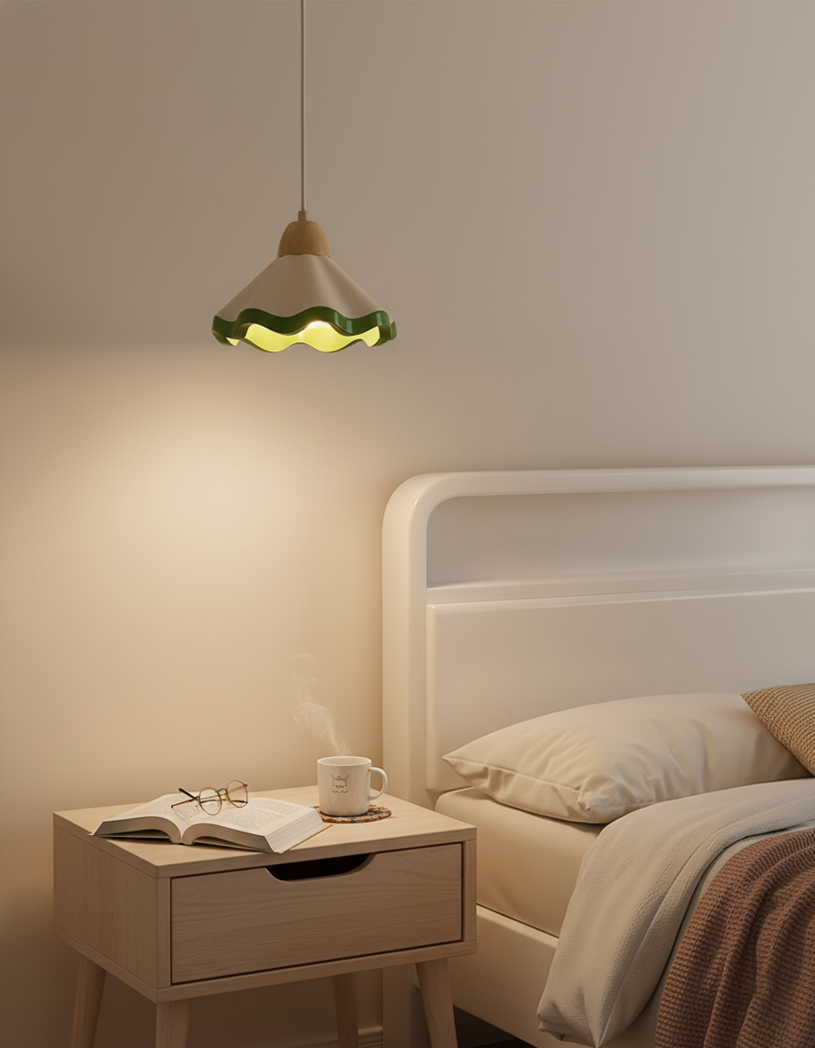 Juliette Pendant Lamp, Scalloped Resin Shade with Wood Accent