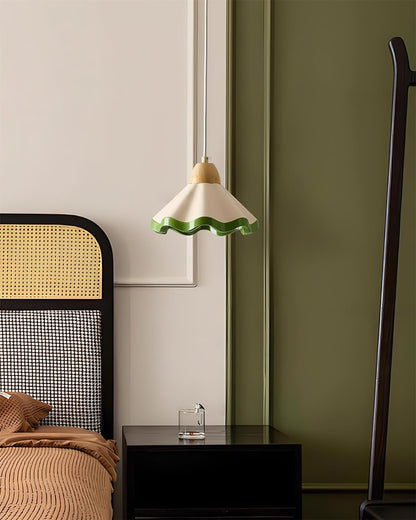 Juliette Pendant Lamp, Scalloped Resin Shade with Wood Accent