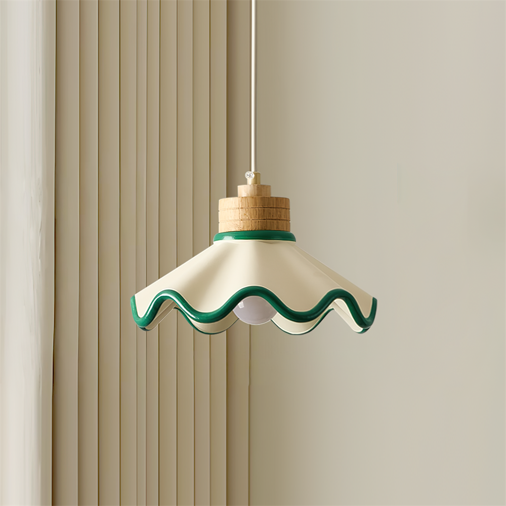 Juliette Pendant Lamp, Scalloped Resin Shade with Wood Accent