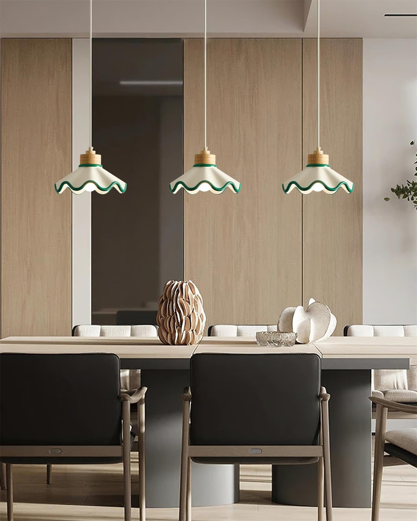 Juliette Pendant Lamp, Scalloped Resin Shade with Wood Accent