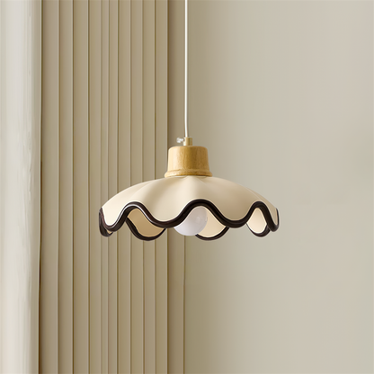 Juliette Pendant Lamp, Scalloped Resin Shade with Wood Accent