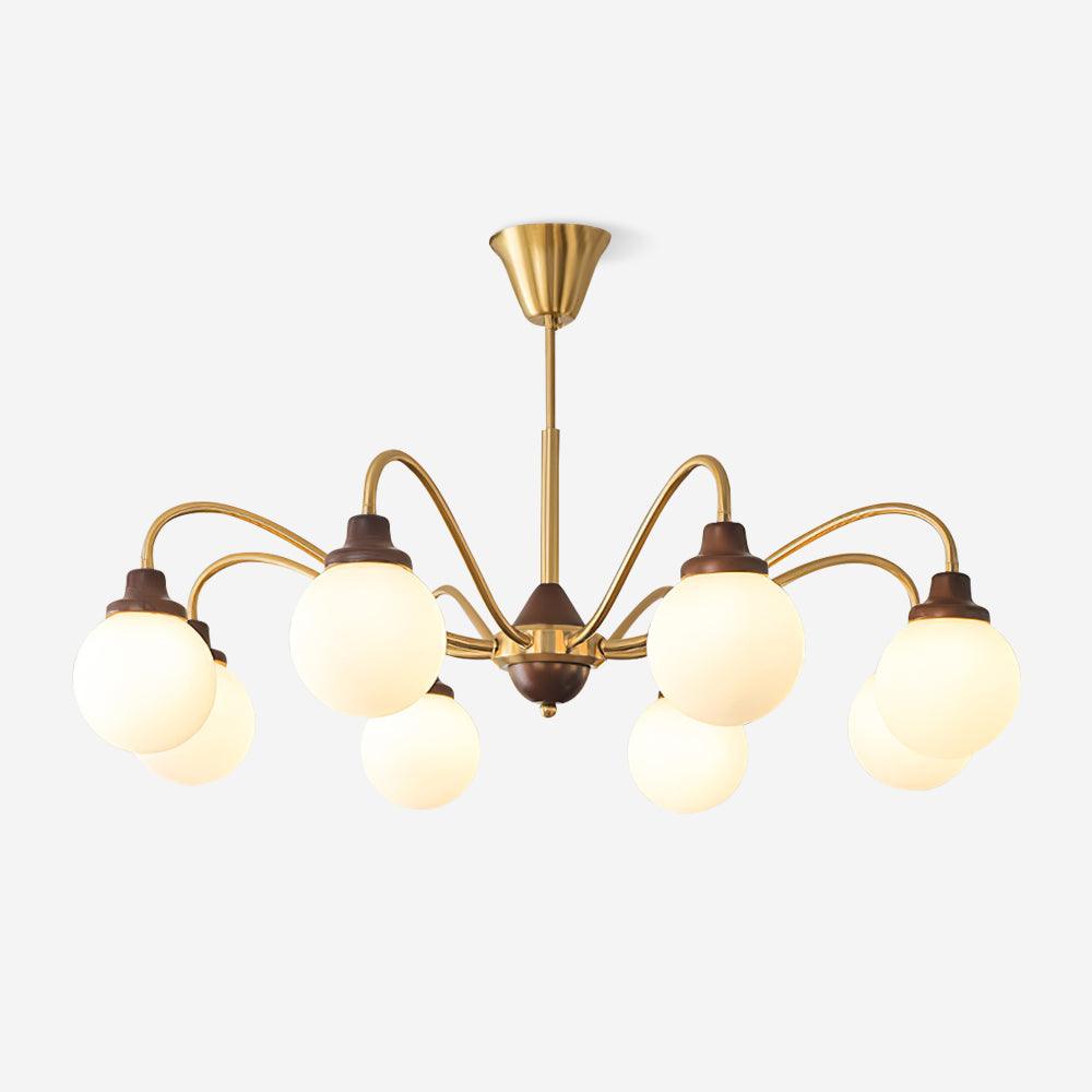 Lucienne Retro Chandelier, Walnut Wood Frame with Glass Shades