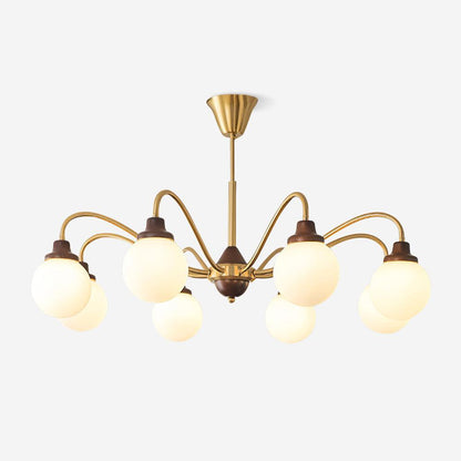 Lucienne Retro Chandelier, Walnut Wood Frame with Glass Shades