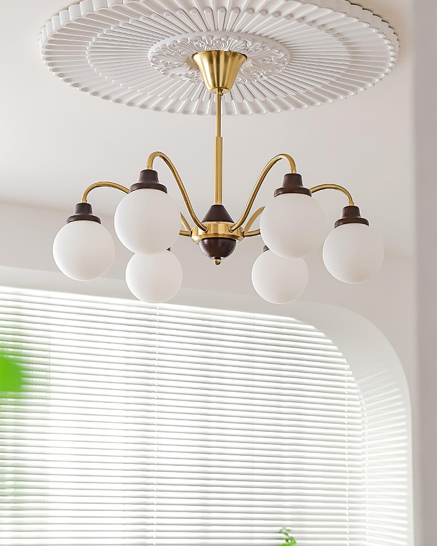 Lucienne Retro Chandelier, Walnut Wood Frame with Glass Shades